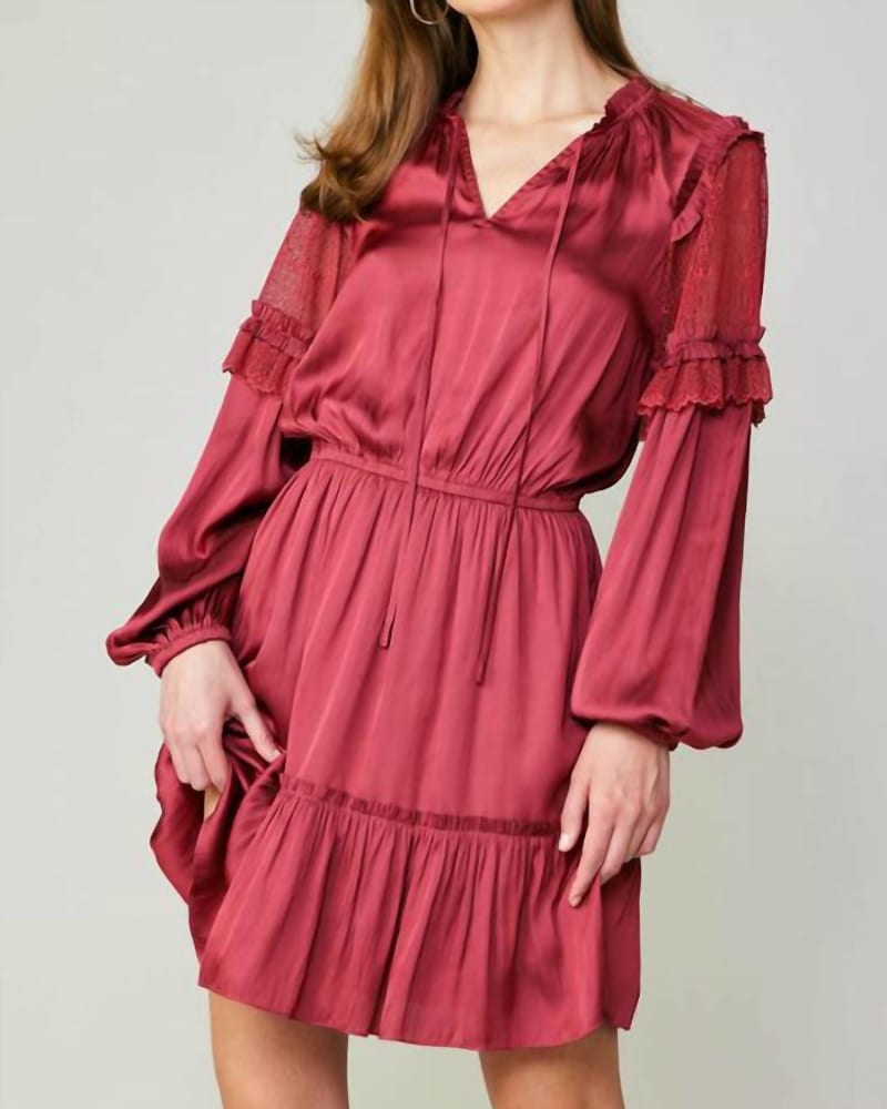 Front of a model wearing a size L Long Sleeve Split Neck Midi Dress In Raspberry in Raspberry by current air. | dia_product_style_image_id:359700